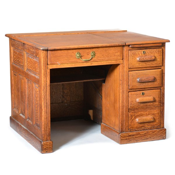 Flat Top Oak Typewriters Desk: Flat top oak typewriters desk, flip top with multi drawer pedestal, raised wood panels and privacy panel, 30" h x 40" h x 35" d, good condition.