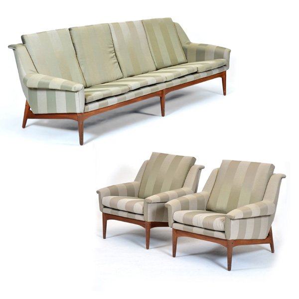 Danish Modern Bramin Mobler Teak Sofa & Arm Chairs: Danish Modern Bramin Mobler teak four seat sofa & two arm chairs, fully upholstered loose seat and back cushions in neutral tone on tone stripe, above wood frame and skirt, on tapered legs, label at b