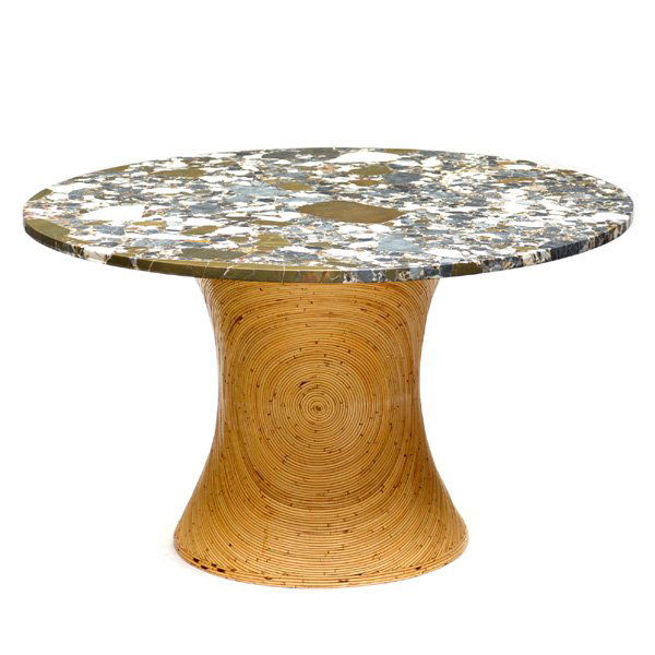 Rattan and Marble Top Dining Table: Rattan and marble top dining table, solid base with rattan reed swirl design, heavy marble top, 28" h x 48" dia., good condition.