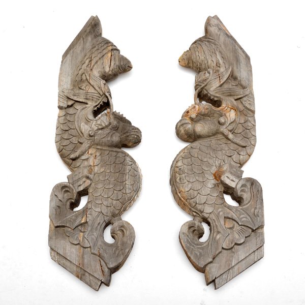 Pair of Carved Wooden Corbels: Pair of carved wooden corbels, sea form shapes, weathered gray patina, 43" h x 4 1/2" w x 12" d, good condition.