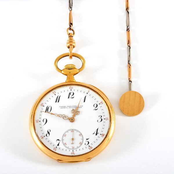18 Karat Gold Patek Philippe Pocket Watch: 18k yellow gold Patek Philippe pocket watch on 14 karat white and yellow gold watch fob, Arabic numerals, scrolled hands, monogrammed case back, case measures 46mm, overall watch weight: 69.5 grams, f
