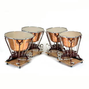 Set of 4 Walter Light Mark XI Timpani Drums: Walter Light Mark XI Timpani Set to include: a 31", 29", 26" and a 23", dark red Y-struts with fancy gold filigree, head protectors and long Cordura covers, square counter hoops, Evans Strata heads, a