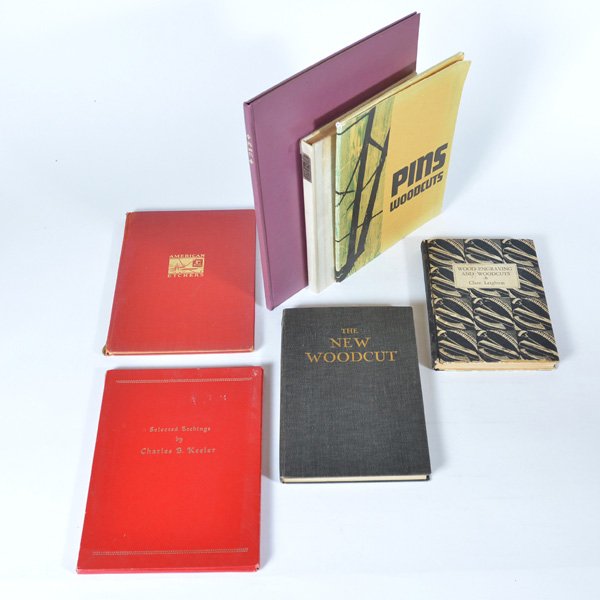 Collection of Books on Woodcuts and Engravings: Collection of Books on woodcuts and engravings to include: "The Etchings of Troy Kinney", published by Doubleday, Doran & Co, Inc. 1929, signed (in rear), 1 of 990 copies, "Selected Etchings by Charle