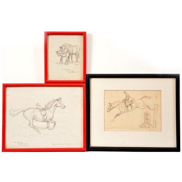 Paul Desmond Brown, Sketches: Paul Desmond Brown (1893-1958), set of three pencil sketches c1950s, mother and foal, inscribed "For Candy Sincerely Paul Brown" and initialed "PB", a horse running, titled "James Goes Home" and inscr