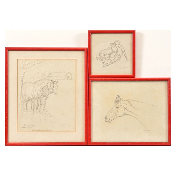 Paul Desmond Brown, Sketches: Paul Desmond Brown (1893-1958), set of three pencil sketches c1950s, young girl and her dog, possibly Candy Loomis, signed "Paul Brown", inscribed verso "Candy from Mom", a profile view of a horses he