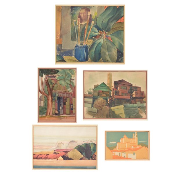 James Harrison Forman, Paintings and Serigraph: James Harrison Forman, watercolors, to include: Street corner scene with Wells Fargo building, signed lower right "James Harrison Forman '38", 19 3/4" x 13 1/2" (viewed), "Marin Hills", signed lower r