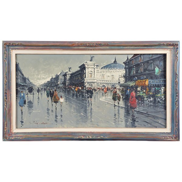 Continental School, Painting, Paris Street Scene: Continental School, Painting, Paris Street Scene, oil on canvas, indistinctly signed lower left, 24" x 47 1/2", good condition.