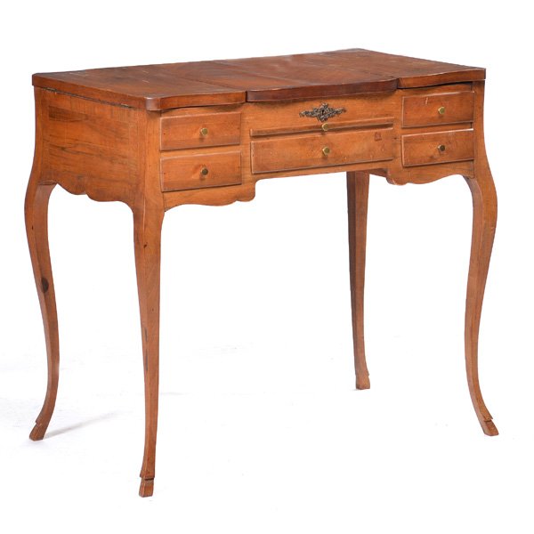 Continental Mahogany Vanity, 19th C: 19th C Continental mahogany vanity with string inlay, cabriole legs and flip top mirror and sides, 29 1/2" h x 31" w x 19" d, good condition with minor veneer loss.
