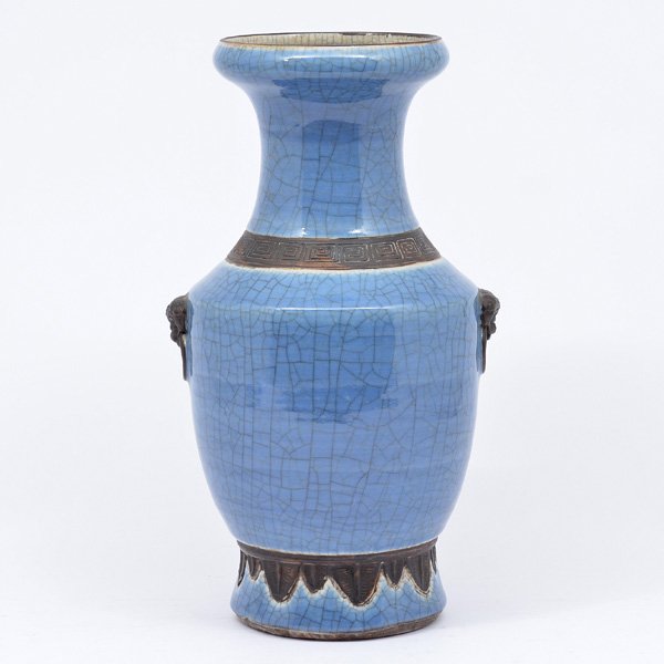 Chinese Flare Top Vase, Late Qing Period: Chinese flare top vase, late Qing period, blue crackle glaze and matte brown glaze accents, lion head ring handles at sides, mark at bottom, 17 1/2" x 9" dia.