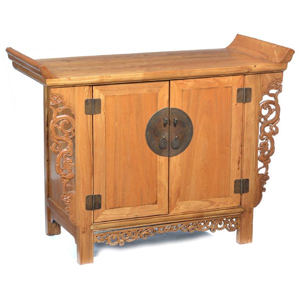 Chinese Altar Table, 19th C: 19th C Chinese altar table, up turned ends top over two door cabinet with shelf interior and foliate openwork spandrels on either side, 31 1/2" x 41 1/2" w x 18 1/2" d , very good condition.
