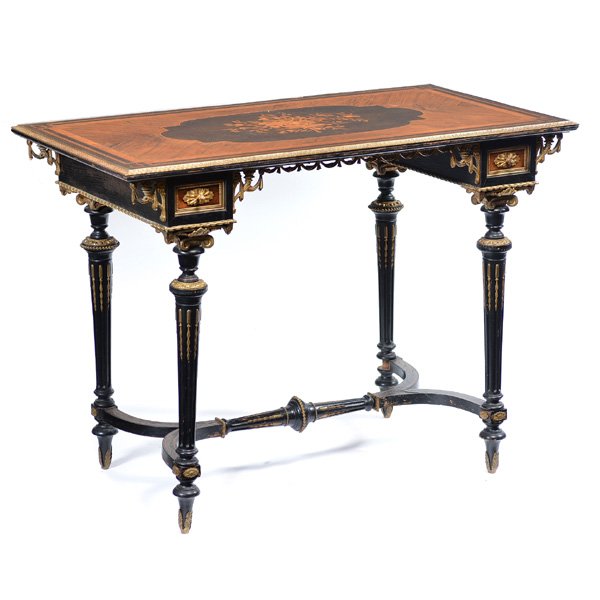 Inlaid Music Table, 3rd-4th Quarter of the 19th C: Inlaid music table, 3rd-4th quarter of the 19th C, rectangular top of rosewood, ebony, mahogany and boxwood inlay with foliate and harp center design, brass bound and 2 drawers, above ebonized base of