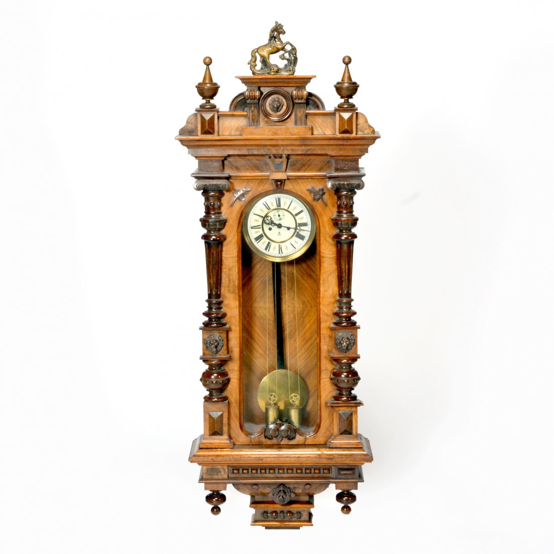 Large Gustav Becker 2 weight regulator: Large Gustav Becker 2 weight regulator with porcelain dial and rearing horse finial, 62 1/2" tall x 20.75" wide x 8" deep. Very good condition.