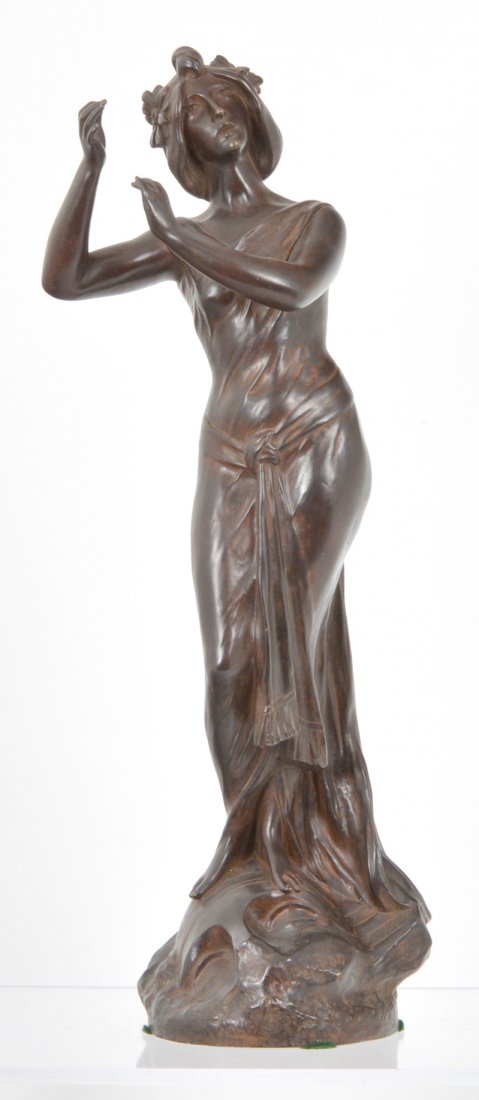 Charles Theodore Perron, (Fr. 1862-1934) Art Nouveau: Charles Theodore Perron, (French, 1862-1934) Art Nouveau patinated bronze woman, 20 3/4"h., incised signature to base. Very good condition.