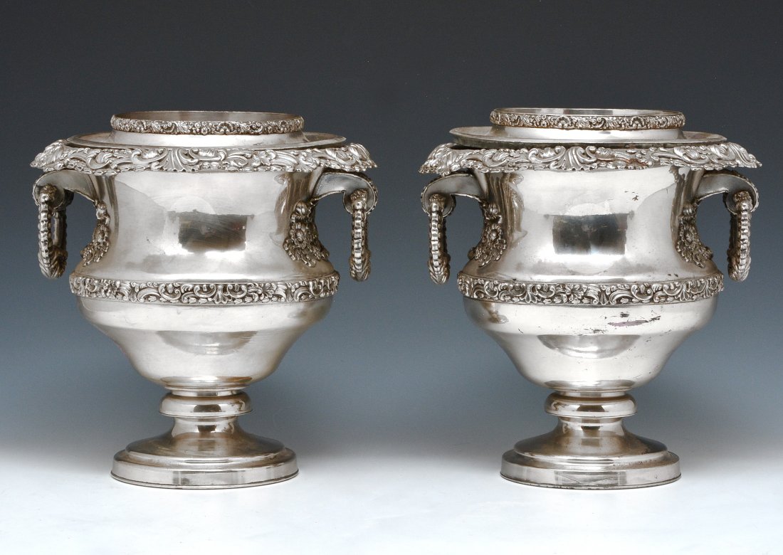 Pair of Fancy Victorian Wine Coolers: Pair of Fancy Victorian Wine Coolers, silverplate with repousse foliate rim and original inserts and collars, 10.5" tall. Very good condition.