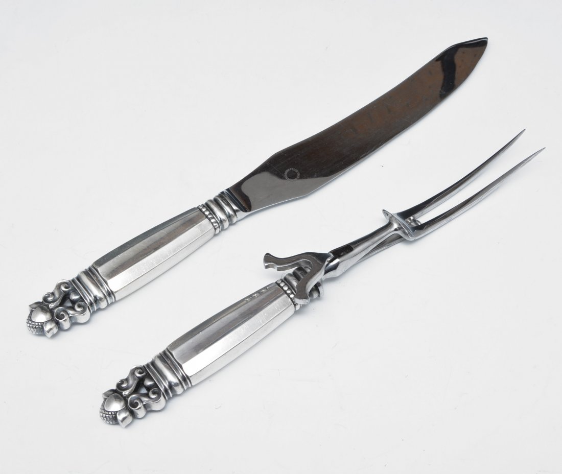 Georg Jensen Sterling "Acorn" Pattern Carving Set: Georg Jensen Sterling Silver "Acorn" Pattern Carving Set, designed in 1915 by Johan Rohde (1856-1935), Copenhagen, including a carving fork, 10.5", and knife 12.25", with stainless steel tines and bla