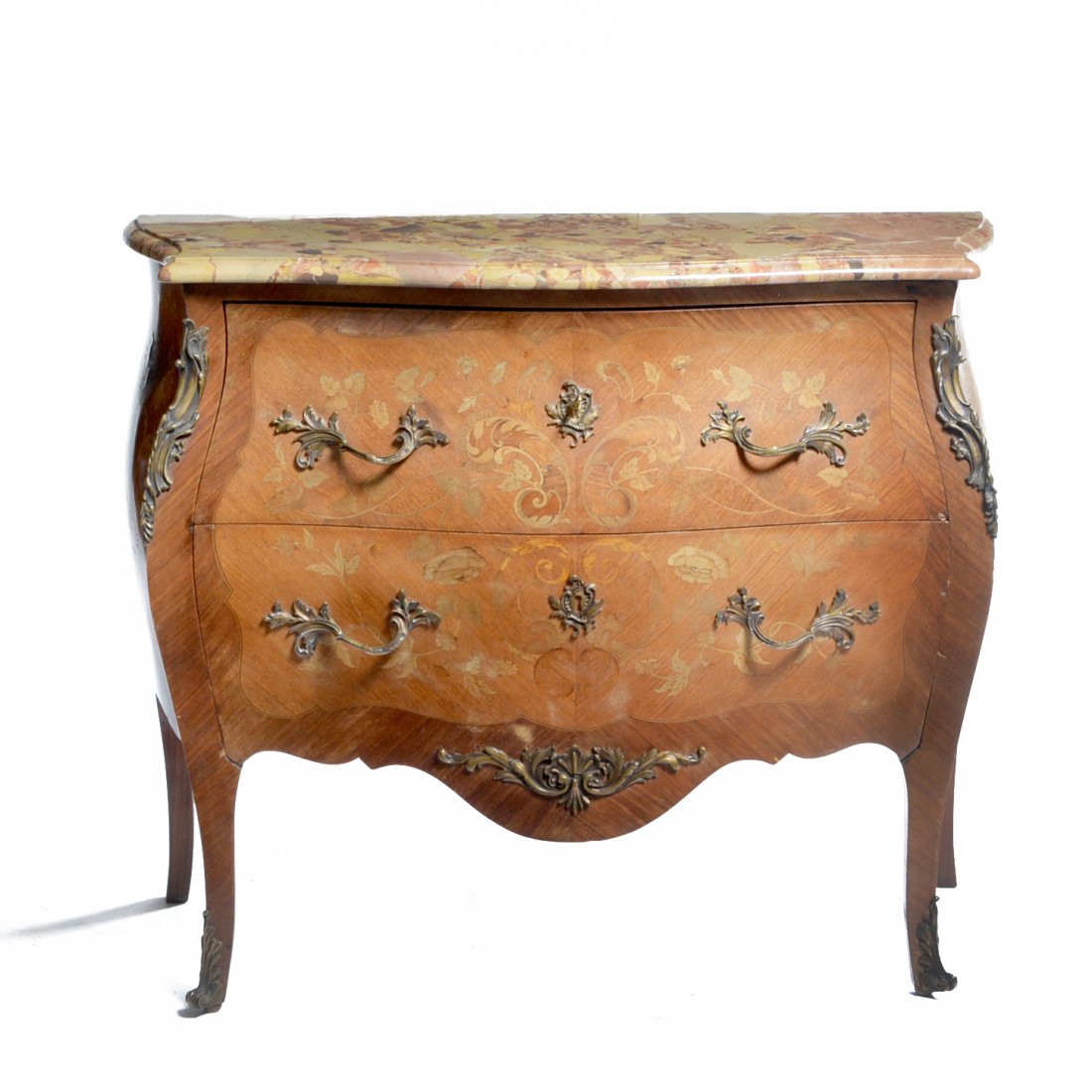 French bombe commode, marble top & floral inlay, 19th c: French bombe 2-drawer commode with marble top, multi-wood floral inlay and ormolu mounts, 19th/20th c. 33.5h x 41"w x 19"d. Very good condition