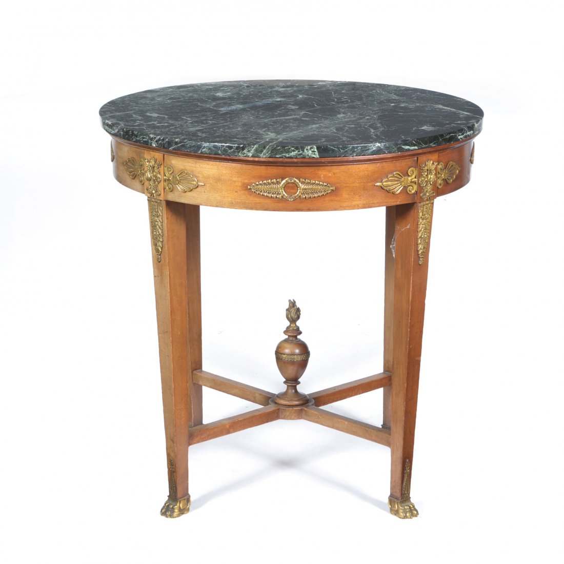 French walnut center table, 19th c.: French walnut center table, 19th c. The green marble top above ormolu mounted skirt and tapered legs; finial centered cross supports on paw feet. 34"h x 33" diameter. Very good condition.