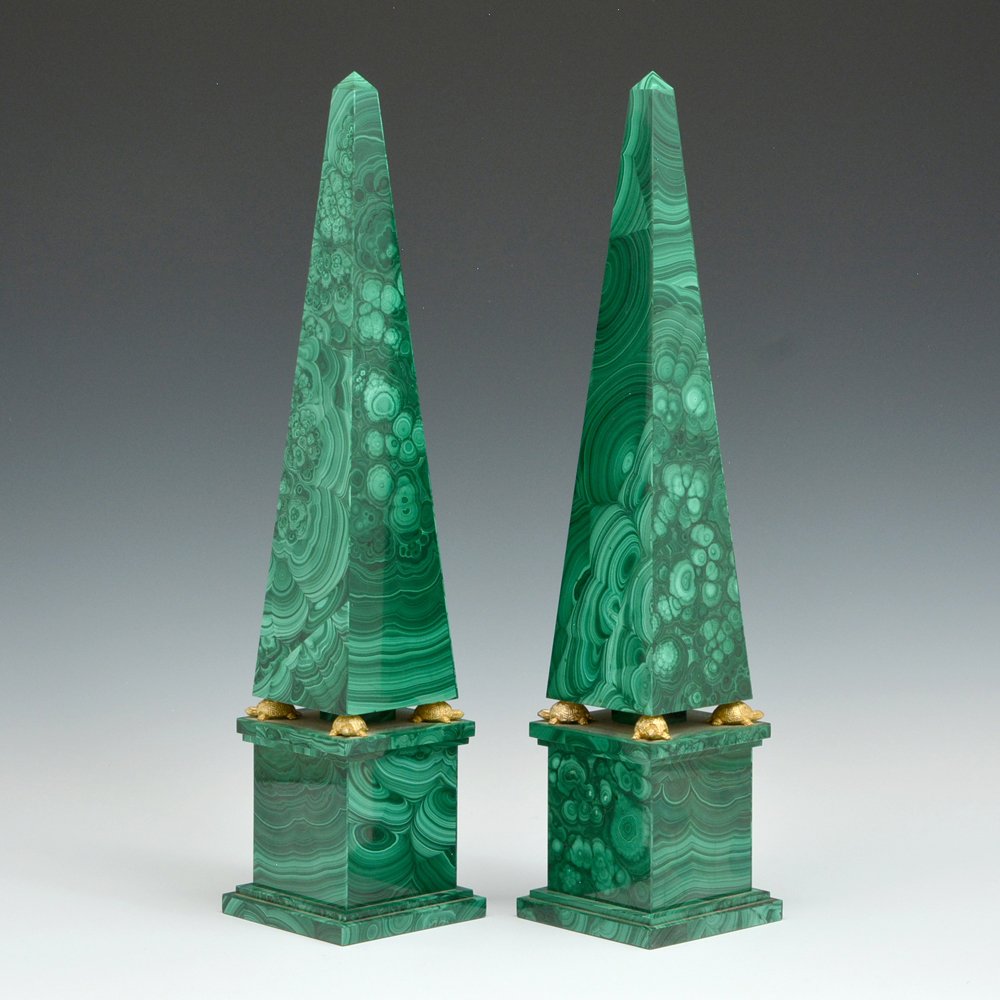 Malachite Obelisks, gilded turtle separators. 20" tall.: Pair of Malachite Obelisks with gilded turtle separators. 20" tall. Very good condition.