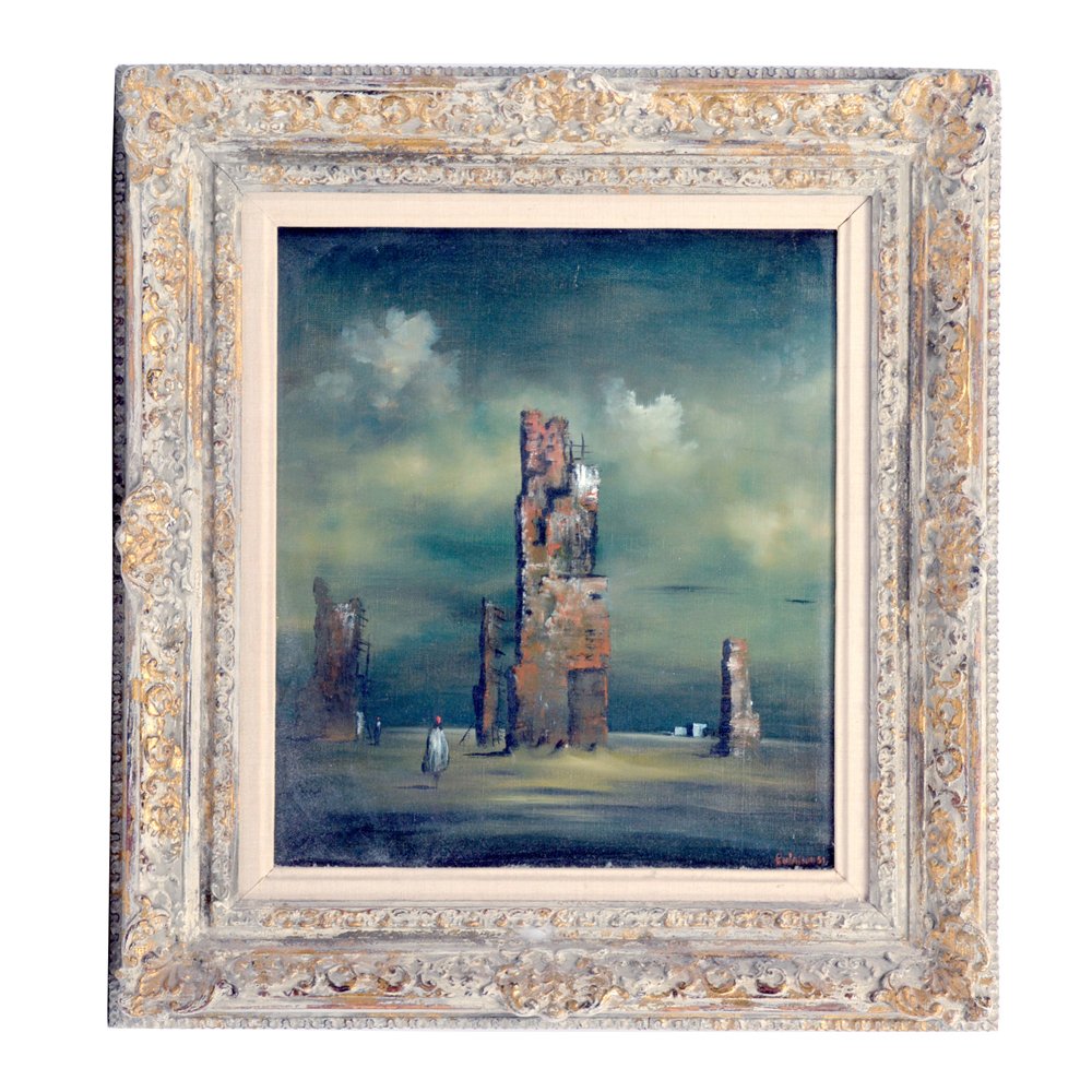 Robert Watson, Surrealist Figure Among the Ruins, 1951,: Robert Watson (1923-2004 Poway, CA) , Surrealist Figure Among the Ruins, 1951, oil on canvas, signed and dated lower right, 16" x 14". Good condition. Frame size: 23" x 21".