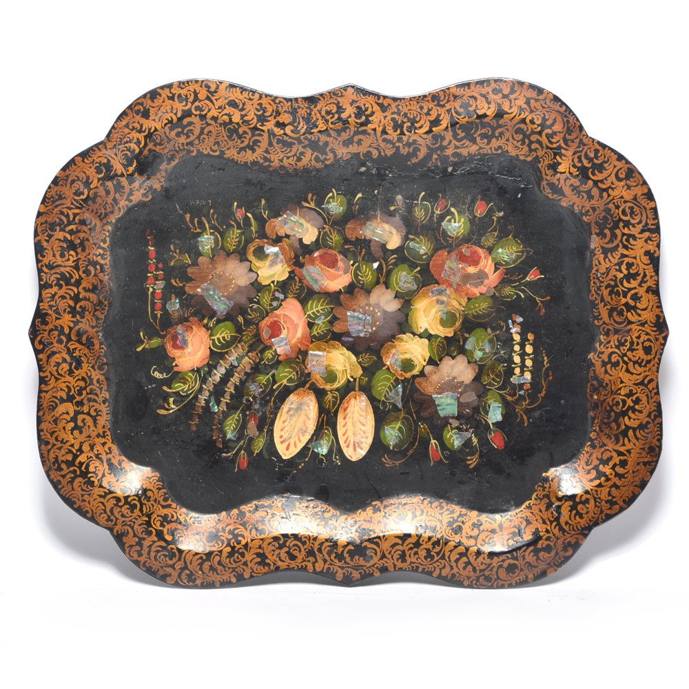 English tole painted tray, 19th c., 29" x 23": English tole painted tray, 19th c., with floral, abalone and gold decorated shaped border. 29" x 23". Good condition.