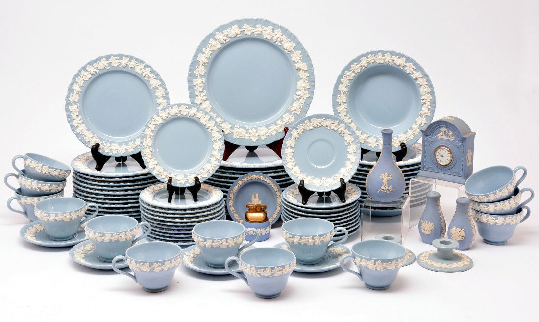 Wedgwood Etruria Embossed Queen's Ware: Large dinnerware set of Wedgwood Etruria Embossed Queen's Ware, white on blue. Approximately 83 pieces.