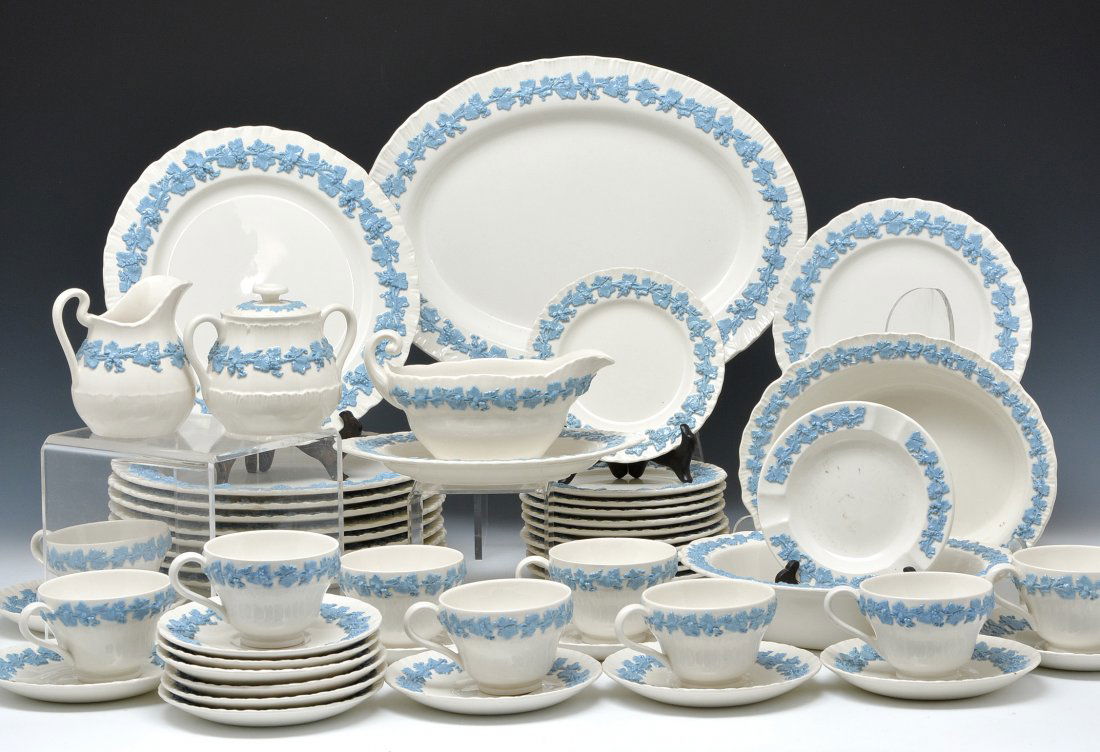 Wedgwood Etruria Embossed Queen's Ware: Large dinnerware set of Wedgwood Etruria Embossed Queen's Ware, blue on white. approximately 59 pieces.