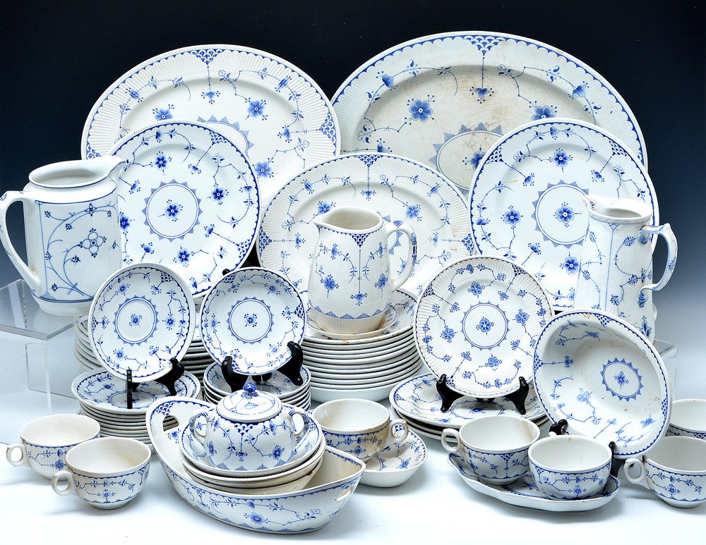 Set of English Furnival Dinnerware, 95 pieces: Set of English Furnival Dinnerware, 95 pieces to include plates, bowls, cups and saucers, ramekins, sugar, creamer and platter (18"). Also includes 2 royal Copenhagen pieces. Generally good condition.