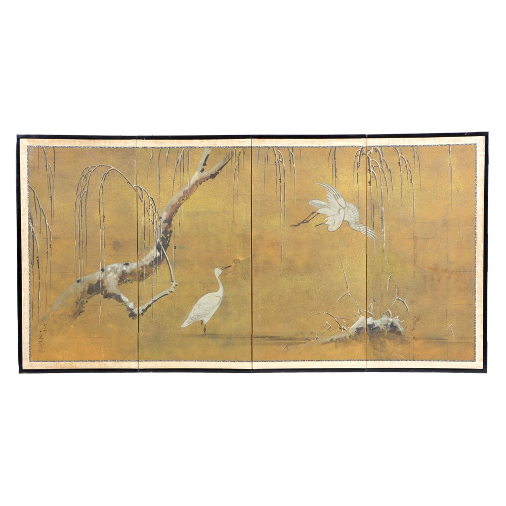 Japanese 4 panel screen with Egret, signed: Japanese 4 panel screen with Egret, signed lower left. 42"h x 70"w. From the estate of John H. Howe, architect and 32 year chief draftsman for Frank Lloyd Wright and charter member of the Taliesin Fel