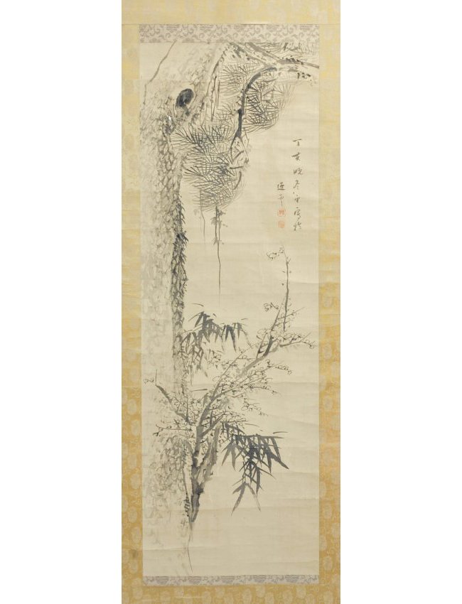 Japanese Scroll, stylized tree, ink, image 42.5" x: Japanese Scroll, stylized tree, ink, image size 42.5" x 12.25". From the estate of John H. Howe, architect and 32 year chief draftsman for Frank Lloyd Wright and charter member of the Taliesin Fellows