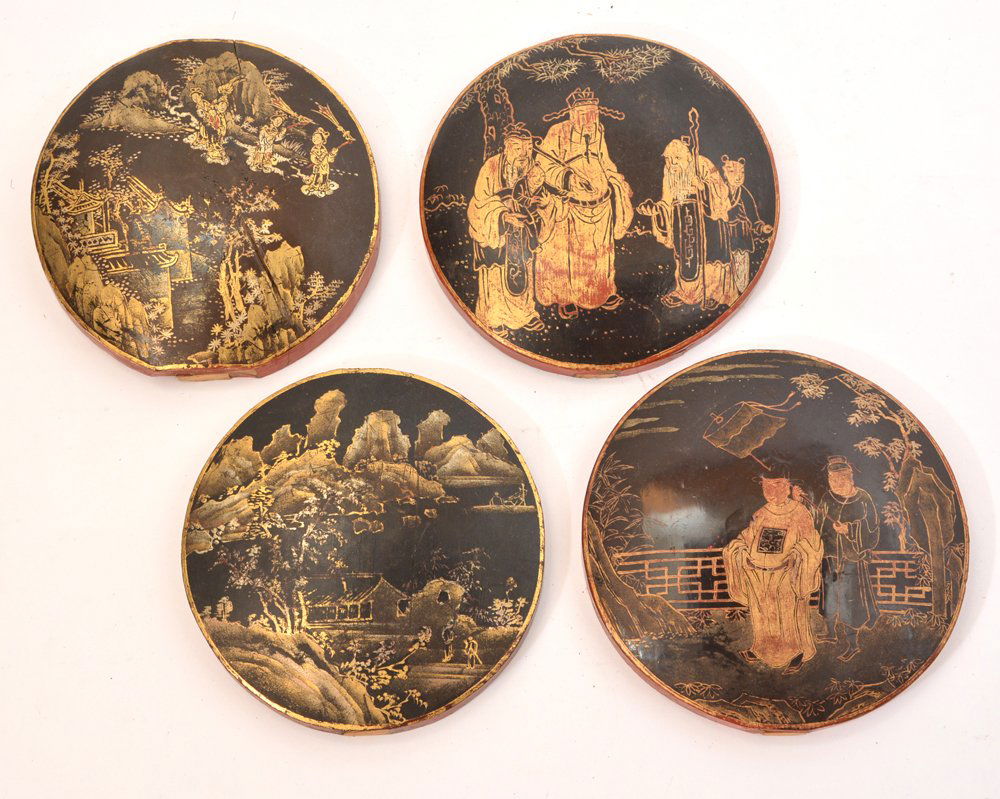 Japanese Scroll Weights (4), lacquer & gilt decorated: Japanese Scroll Weights (4), lacquer & gilt decorated with figures and landscapes, 6" diameter. Provenance: Roger Barber Japanese antiques, San Anselmo, Ca.