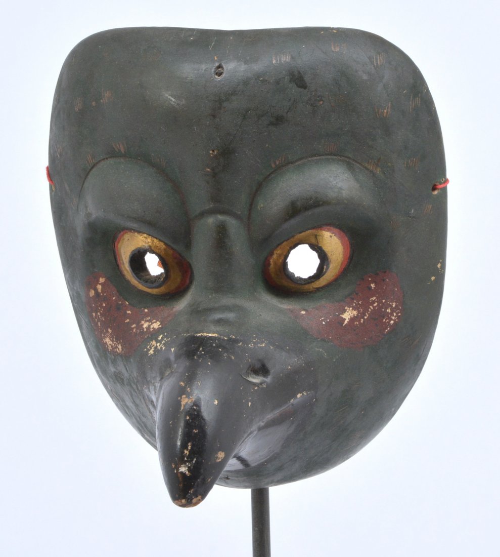 Japanese antique Noh mask by Osaki Kotasu: Japanese antique Noh mask by Osaki Kotasu, signed, 6.75" tall. Provenance: Roger Barber Japanese Antiques, San Anselmo, Ca.