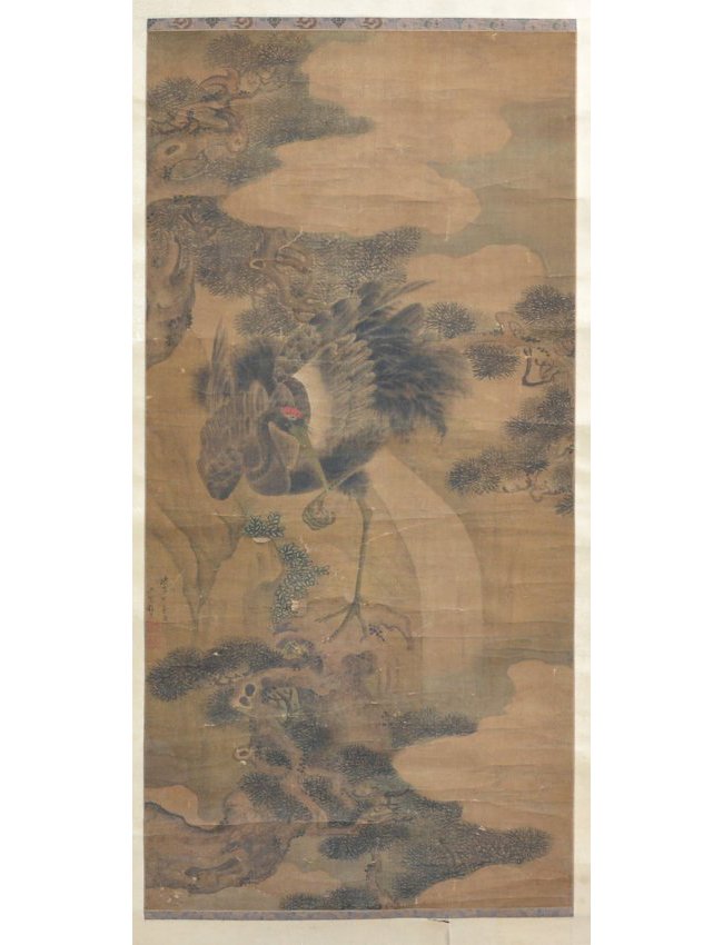 Early Japanese Scroll with Crane, signed, 19th c., 51": Japanese scroll, birds in landscape, signed, image size: 51" x 21". From the estate of John H. Howe, architect and 32 year chief draftsman for Frank Lloyd Wright and charter member of the Taliesin Fel