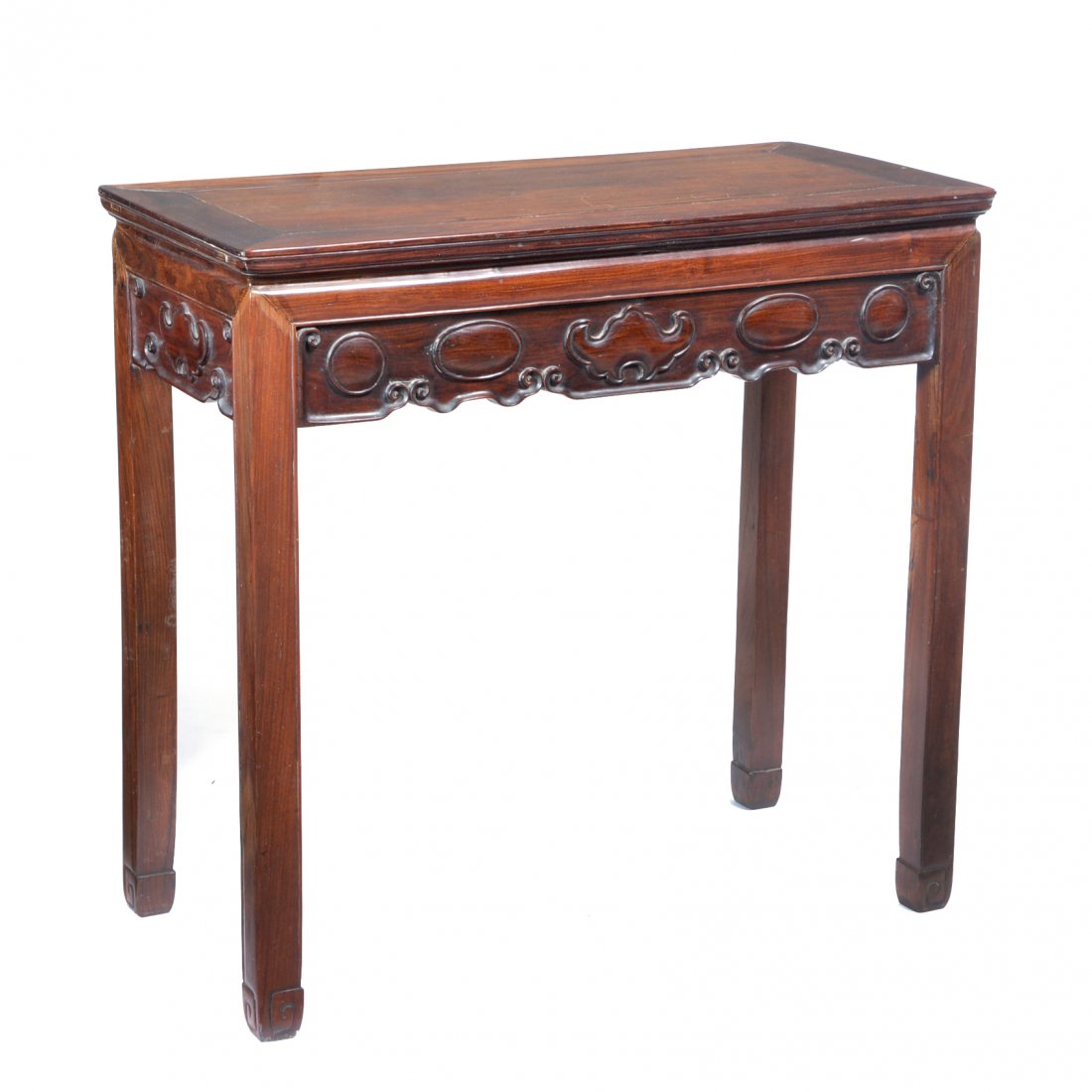 Chinese Huang hua li & hardwood altar table: Chinese Huang hua li and hardwood altar table with bat decoration, writing underneath and presentation painted on front legs. 33.75"h x 36"w x 18"d.