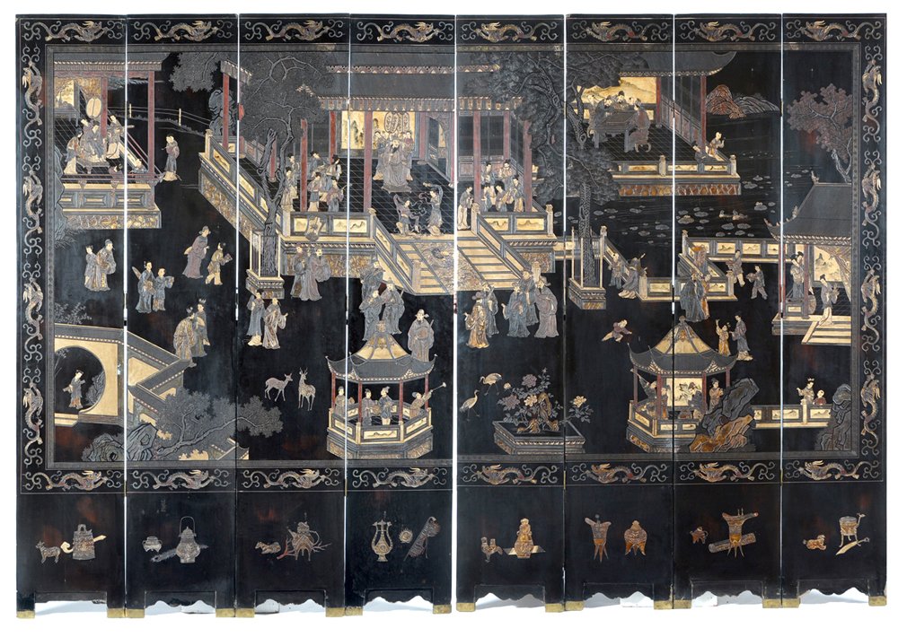 Chinese 8 Panel Coromandel Screen: Chinese 8 Panel Coromandel Screen with an active palace scene on one side and floral landscape on the other, 8' tall x 11'8" wide