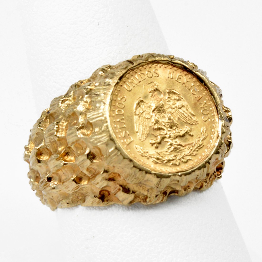Gold Coin Ring, "Mexico Dos Pesos 1945": Gold Coin Ring, "Mexico Dos Pesos 1945", 14 karat yellow gold textured, gypsy style setting, 14.6 grams total weight.