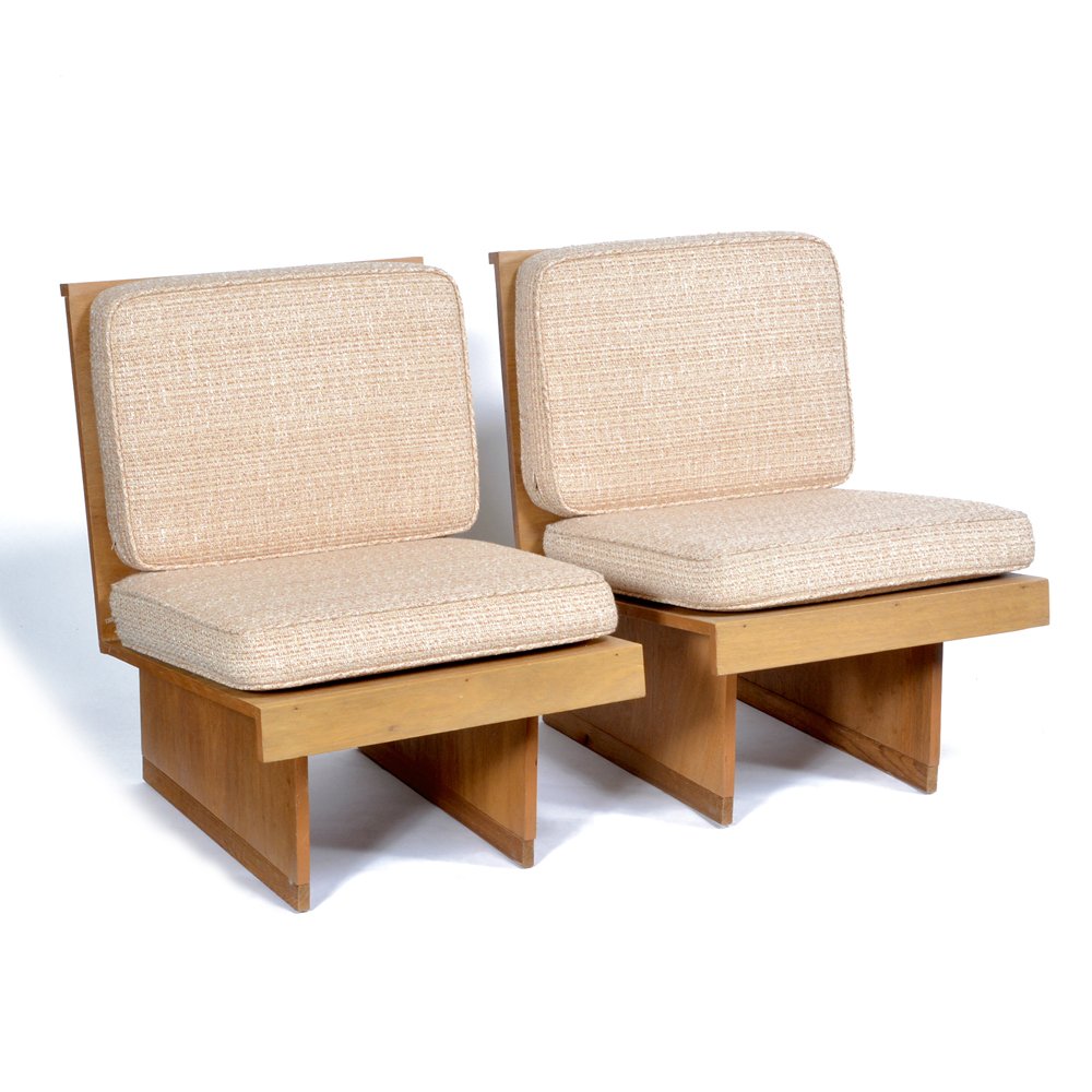 Pair Side Chairs Frank Lloyd Wright/ John Howe: Pair of Frank Lloyd Wright design side chairs, blond mahogany with cushion back and seat. 32"h x 23"w x 25"d. Very good original condition. From the estate of John H. Howe, architect and 32 year chief