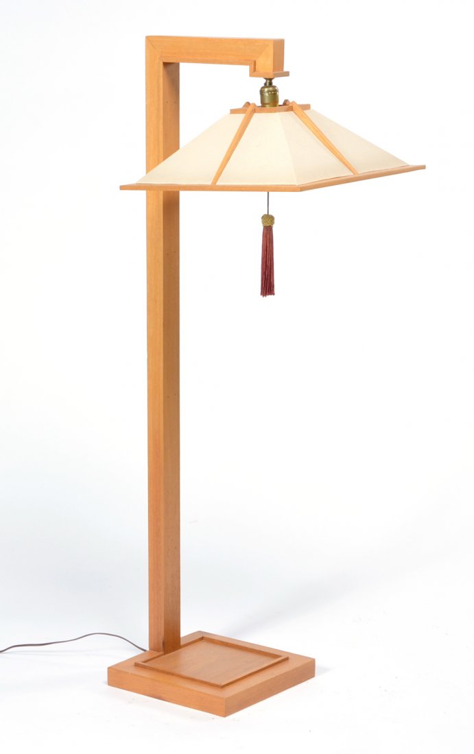 Frank Lloyd Wright Taliesin Floor Lamp, mahogany: Frank Lloyd Wright Taliesin Floor Lamp, mahogany, 49"h x 15.5"w x 18.5"d. Very good original condition. From the estate of John H. Howe, architect and 32 year chief draftsman for Frank Lloyd Wright an