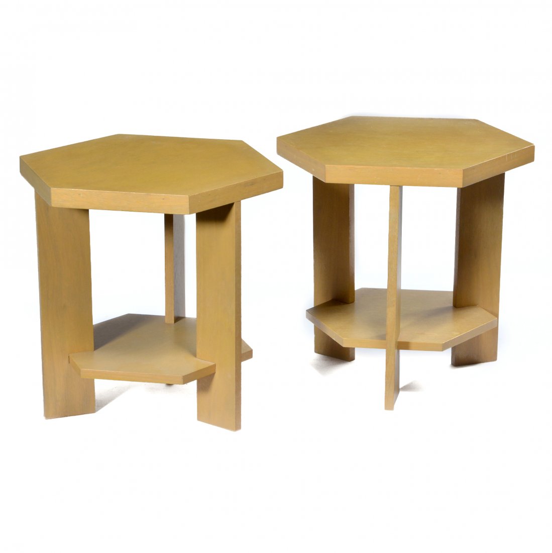 Hexagonal Tables Frank Lloyd Wright/John Howe: Pair of Frank Lloyd Wright design hexagonal tables in an oak glazed finish, 20"h x 18.25"w x 18"d. Very good condition. From the estate of John H. Howe, architect and 32 year chief draftsman for Frank