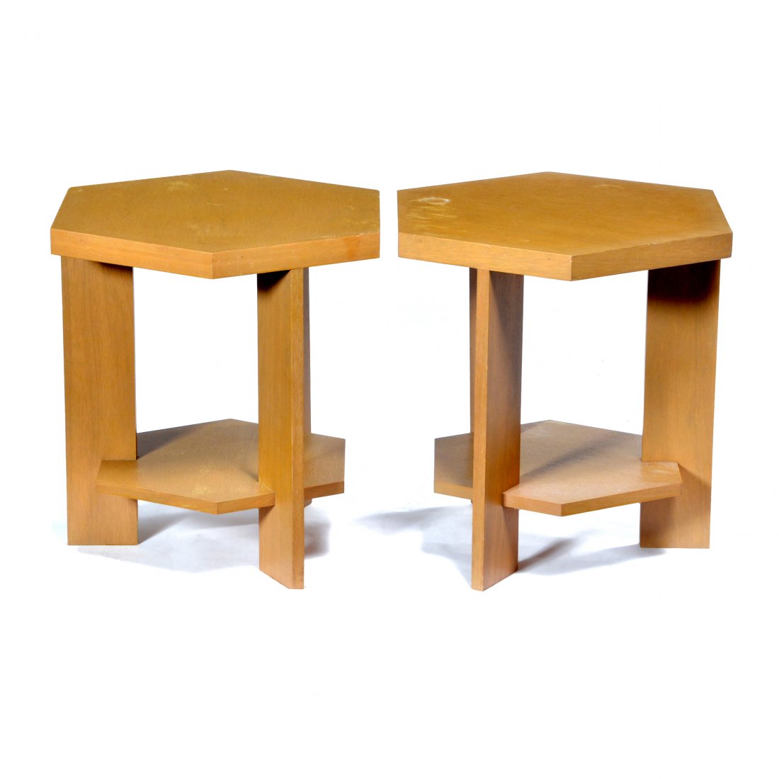 Hexagonal Tables Frank Lloyd Wright/John Howe: Pair of Frank Lloyd Wright design hexagonal tables in an oak glazed finish, 20"h x 18.25"w x 18"d. Very good condition. From the estate of John H. Howe, architect and 32 year chief draftsman for Frank