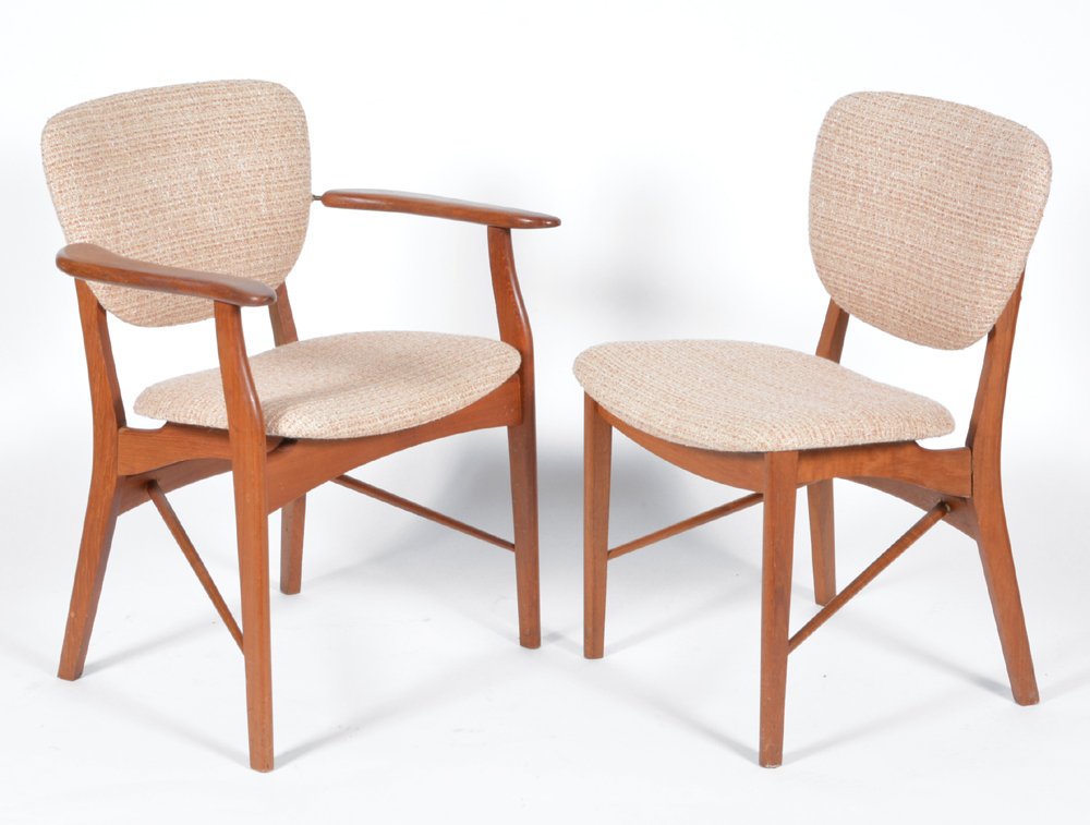 Finn Juhl dining chairs, set of 8 Niels Vodder: Set of 8 Finn Juhl dining chairs, Niels Vodder, Denmark circa 1960, 2 armchairs (32"h x 25.5"w x 20"d) and 6 sidechairs (32"h x 20"w x 20"d) with upholstered seats and backs. Very good original condit