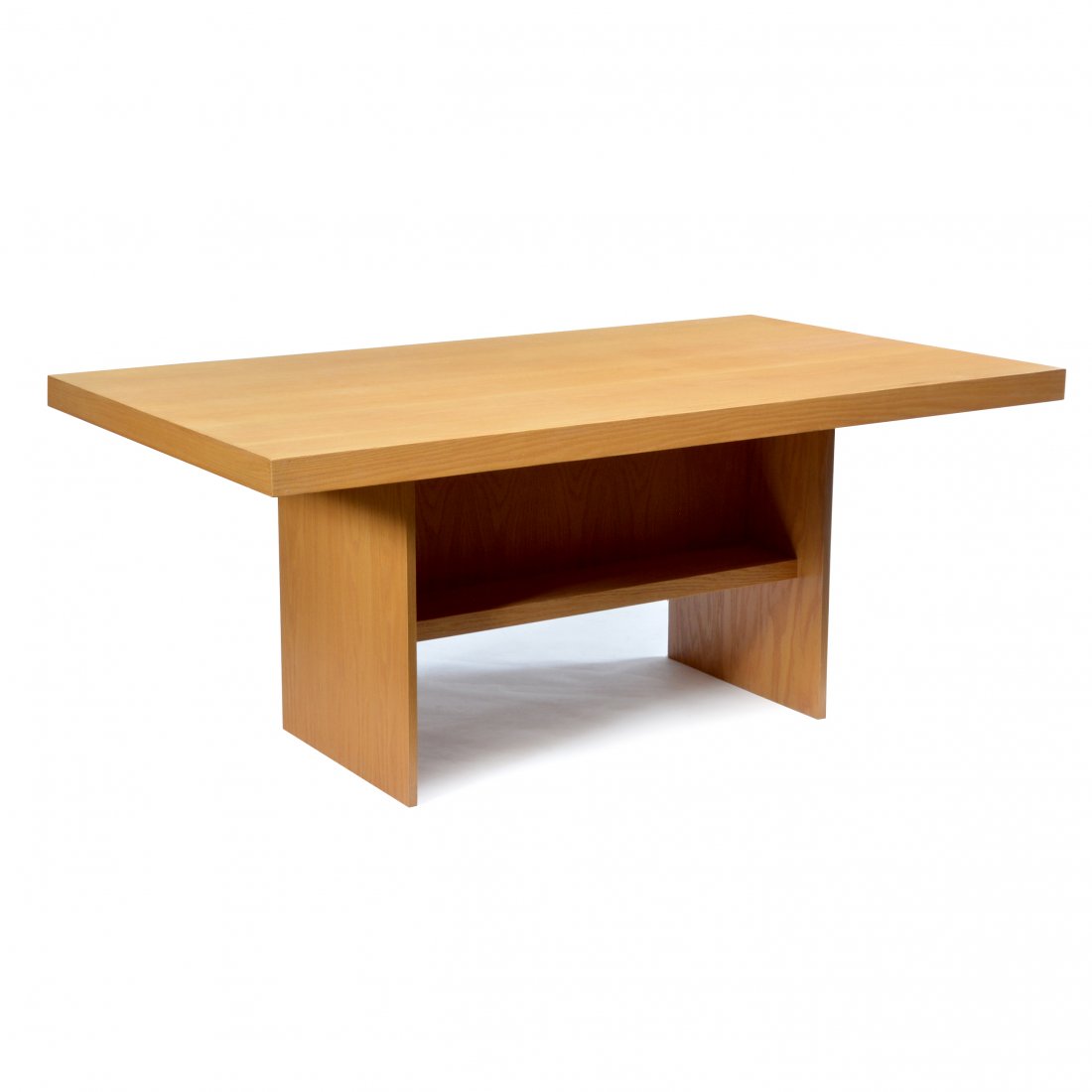 Oak Dining Table Frank Lloyd Wright/ John Howe: Frank Lloyd Wright design oak dining table with bookcase base, 27.5"h x 66"w x 38"d. Very good condition. From the estate of John H. Howe, architect and 32 year chief draftsman for Frank Lloyd Wright