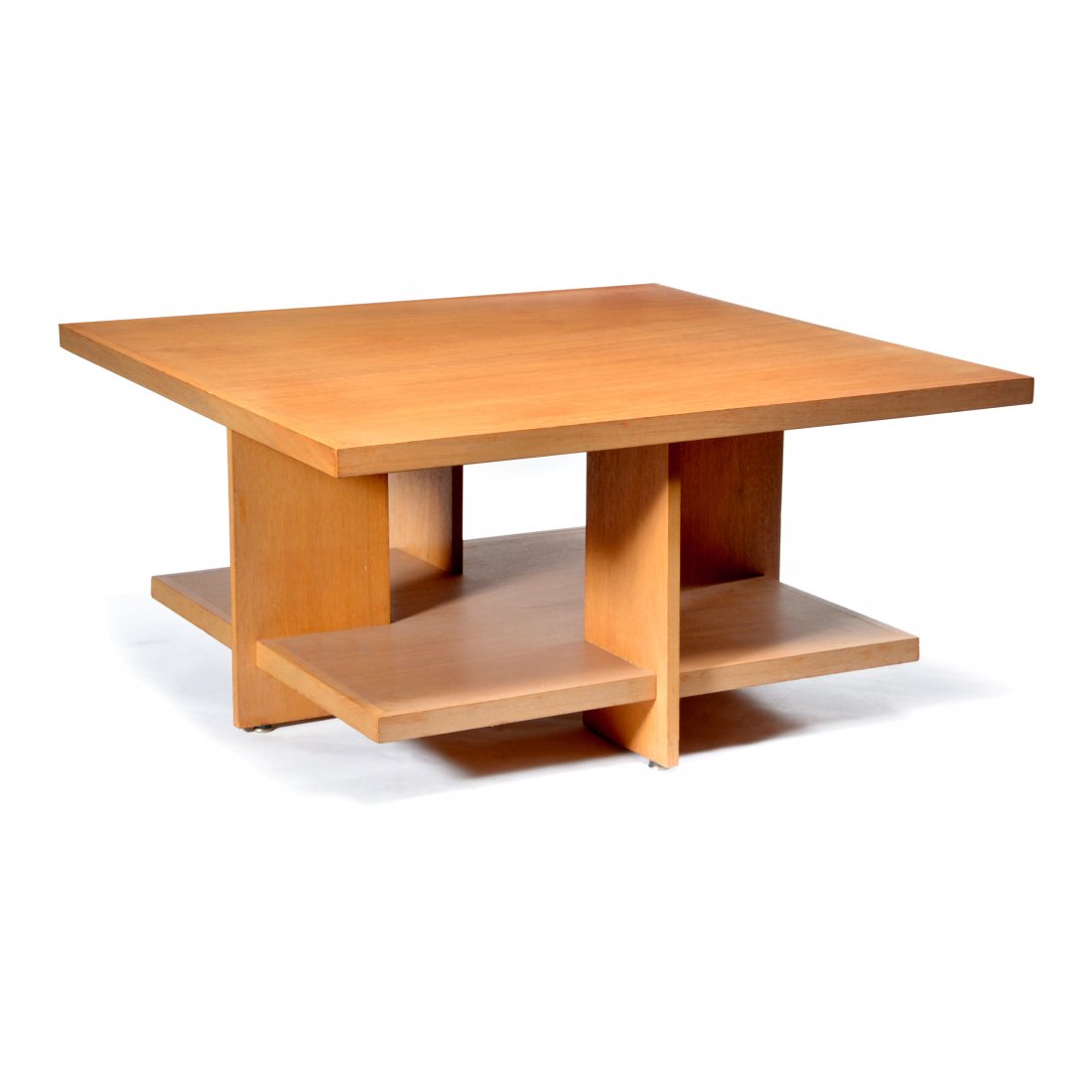 Coffee Table Frank Lloyd Wright/John Howe: Frank Lloyd Wright design oak coffee table with divided lower shelf, 20.5"h x 41"w x 41"d. Very good original condition. From the estate of John H. Howe, architect and 32 year chief draftsman for Fran