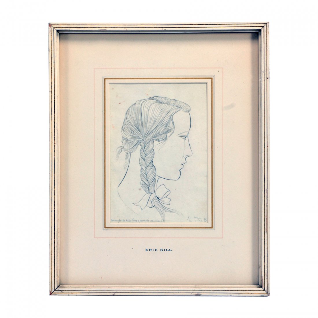 Eric Gill drawing, girl with braids, ink on paper, 1922: Eric Gill drawing, girl with braids, ink on paper, initialed "EG" and dated "26.2.22" lower right and annotated "Drawn for her hair (not a portrait otherwise" and "" . M. Knoedler & Co label verso. Un