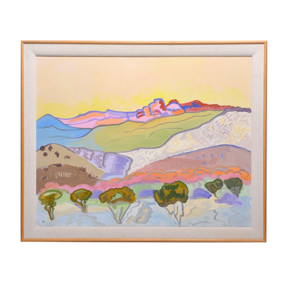 David Barbero (Am 1938-1999), Big Bend Country, acryl: David Barbero (American, 1938-1999), "Big Bend Country, (Mesa Rosa), 1985", acrylic on canvas, initialed lower left, signed, dated and titled verso, 28" x 35". Good condition.