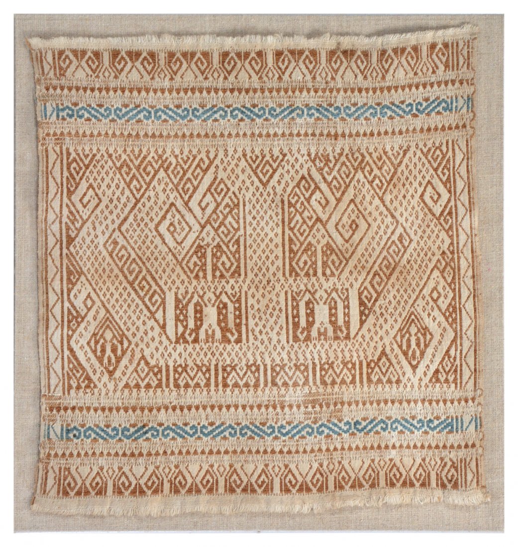 Framed Textile Pillow Cover, 16.5" x 15.5": Framed Textile Pillow Cover, 16.5" x 15.5", in brown, blue and tan, mounted under plexiglass, 18.5" x 17.5". Very good condition.