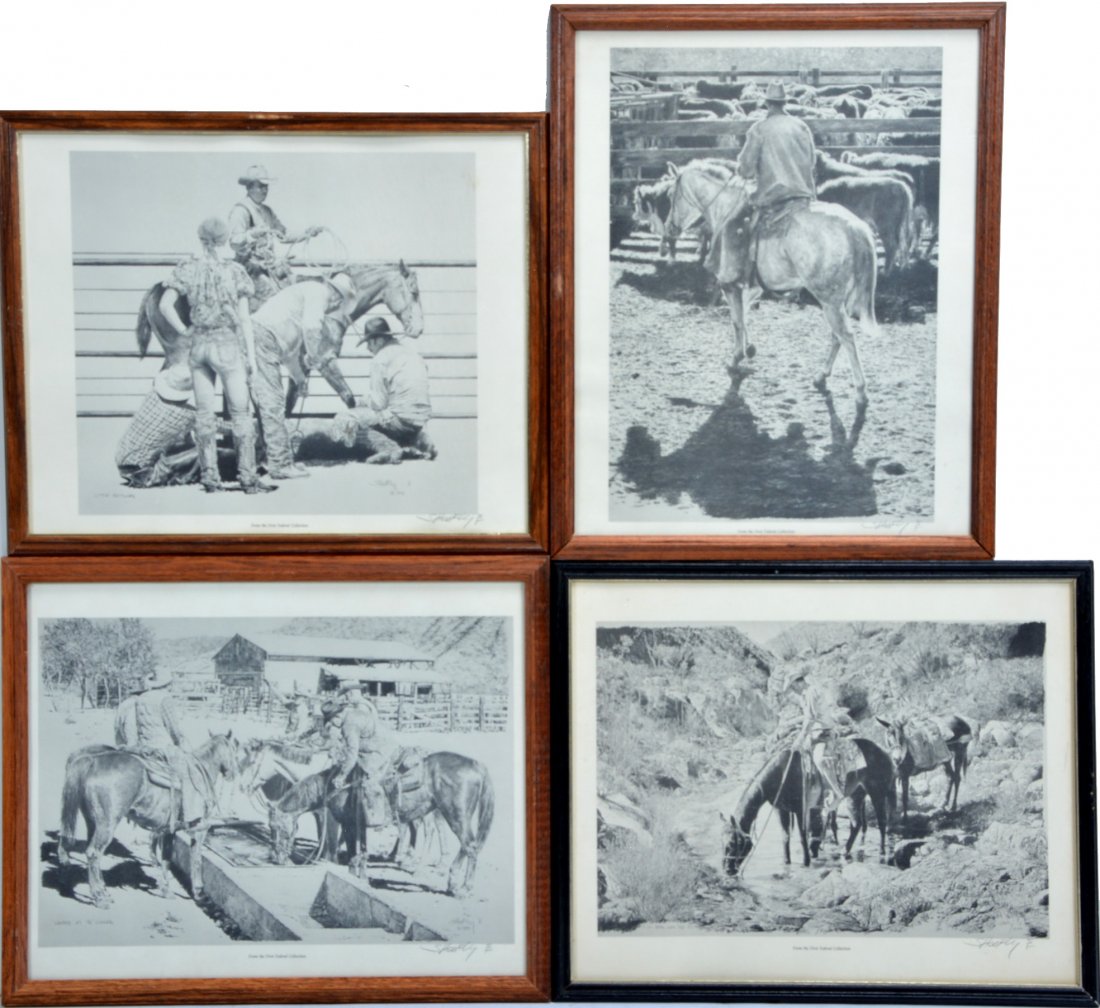 4 Robert ''Shoofly'' Shufelt Prints. All Pencil Signed: 4 Robert ''Shoofly'' Shufelt Prints. All Pencil Signed, Little Britches", "Confab at the Cooler", "A Cool Drink Near the Diamond 2" and one untitled.