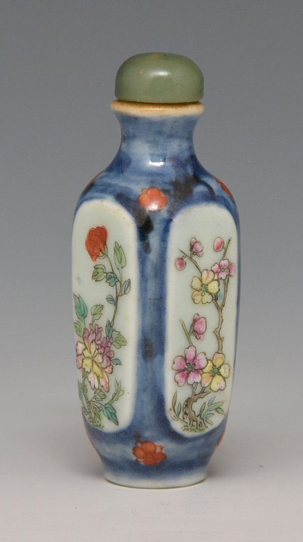 Porcelain Famille Rose Snuff Bottle: Porcelain Famille Rose Snuff Bottle, square shape, 4 seasons flower design. Chia Ching period. Height with stopper 2 3/4". Purchased from Yuan Feng & Co. Ltd., Hong Kong, China 7/15/1970