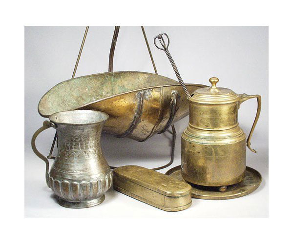 Metal Lot.: METAL LOT. Old Brass Cape Cod Lighter With Tray. 4" x 7" Engraved covered box. 7" x 2 1/4" x 1 1/4" Chinese Copper Pitcher. 4" x 6" Brass scale tray and stand. 17" x 9" x 16" All in good condition.