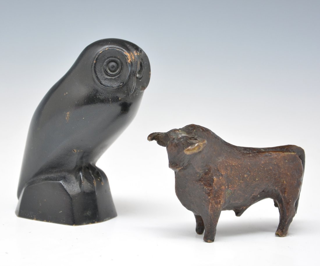 Irenee Rochard Bronze Owl/ Jean Cardot Bronze Bull: Irenee Rochard Bronze Owl signed and marked Saint Maur, 4" tall & Jean Cardot Bronze Bull, signed & marked 1/8, 3.75" long.