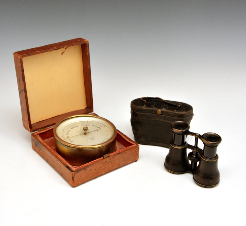 Cased Barometer & Field Glasses: Cased compensated aneroid barometer by Short & Mason (4.75"d) & cased Field Glasses, probably French, both in working condition.